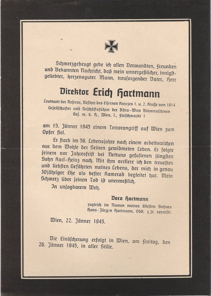 Hartmann Erich - Faire part de d�c�s